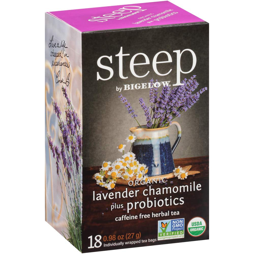 Steep by Bigelow Lavender Chamomile plus Probiotics Herbal Tea, Caffeine Free, 18 Count (Pack of 6), 108 Total Tea Bags