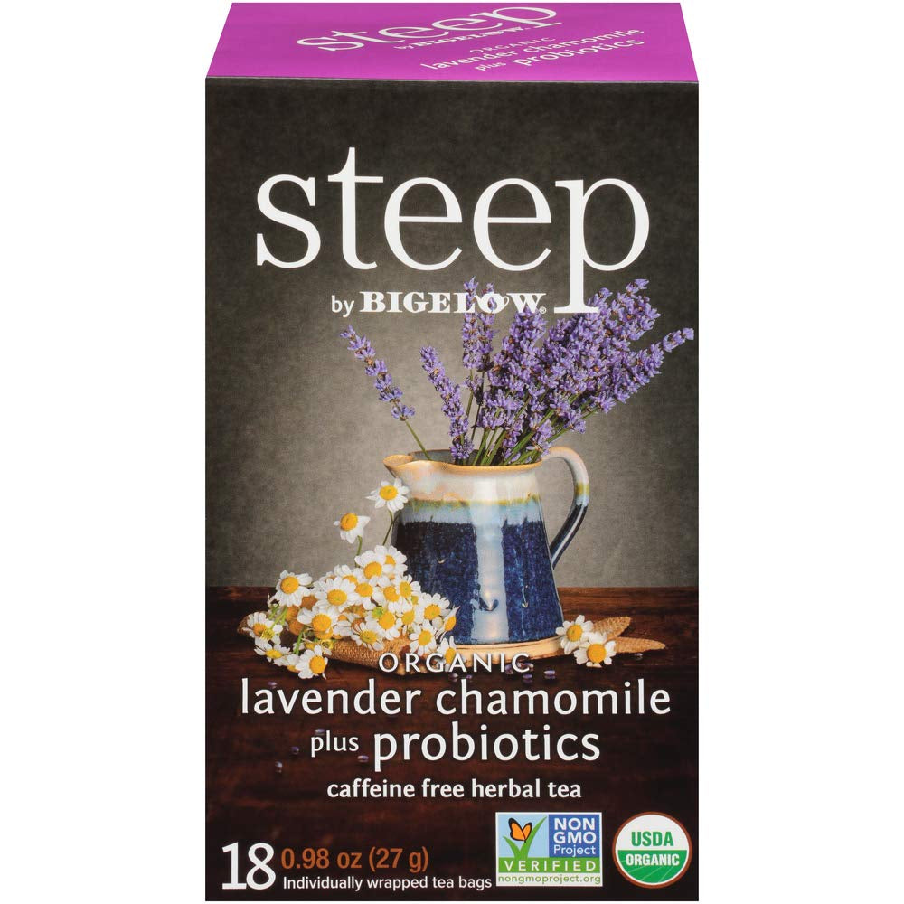Steep by Bigelow Lavender Chamomile plus Probiotics Herbal Tea, Caffeine Free, 18 Count (Pack of 6), 108 Total Tea Bags