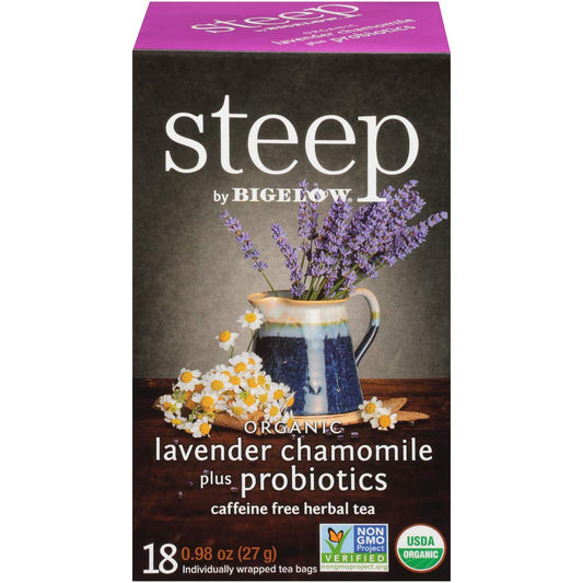 Steep by Bigelow Lavender Chamomile plus Probiotics Herbal Tea, Caffeine Free, 18 Count (Pack of 6), 108 Total Tea Bags