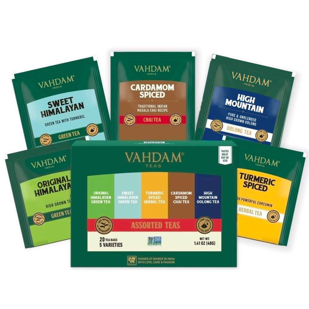 , Assorted Tea Sampler Variety Pack (5 Flavors, 20 Tea Bags) Christmas Gifts 2024 Ideas - Green Tea, Chai Tea, Herbal Tea | Gifts for Women, Men and Adults