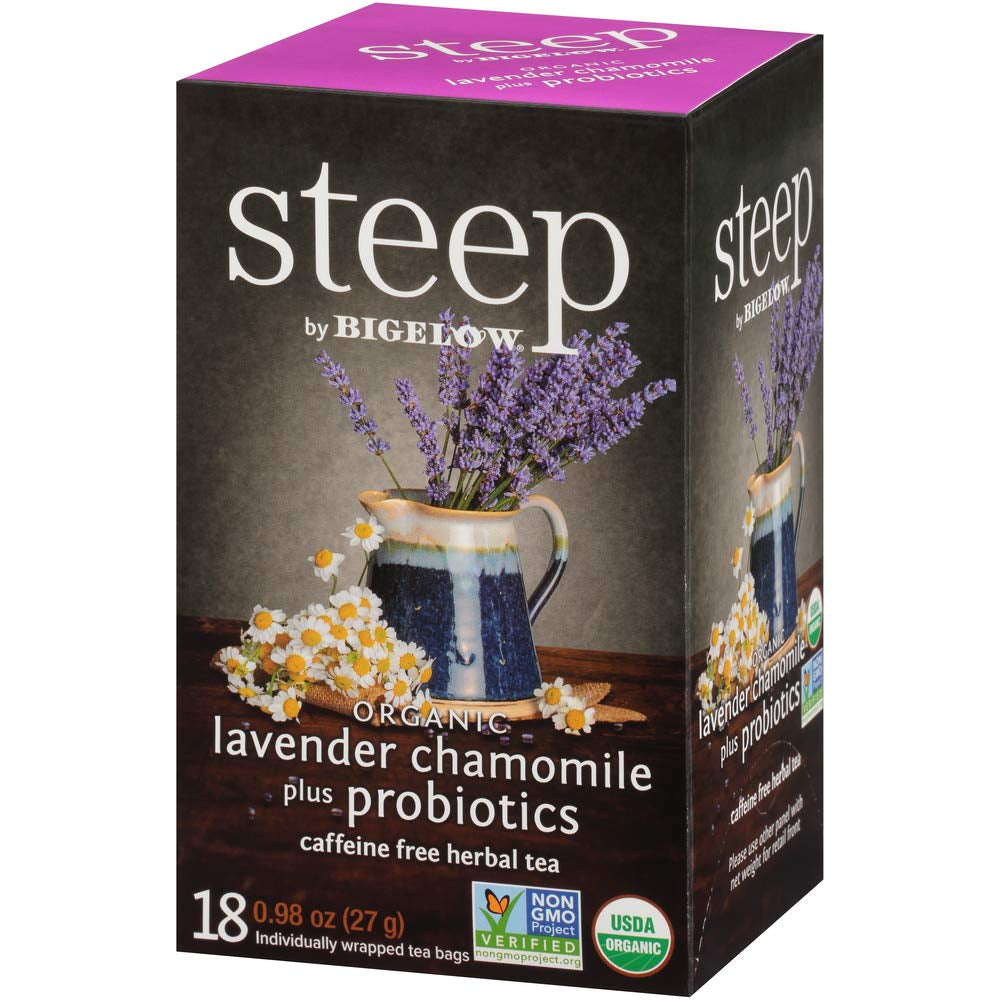 Steep by Bigelow Lavender Chamomile plus Probiotics Herbal Tea, Caffeine Free, 18 Count (Pack of 6), 108 Total Tea Bags