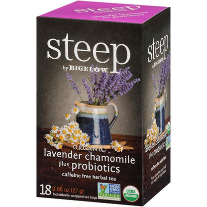 Steep by Bigelow Lavender Chamomile plus Probiotics Herbal Tea, Caffeine Free, 18 Count (Pack of 6), 108 Total Tea Bags